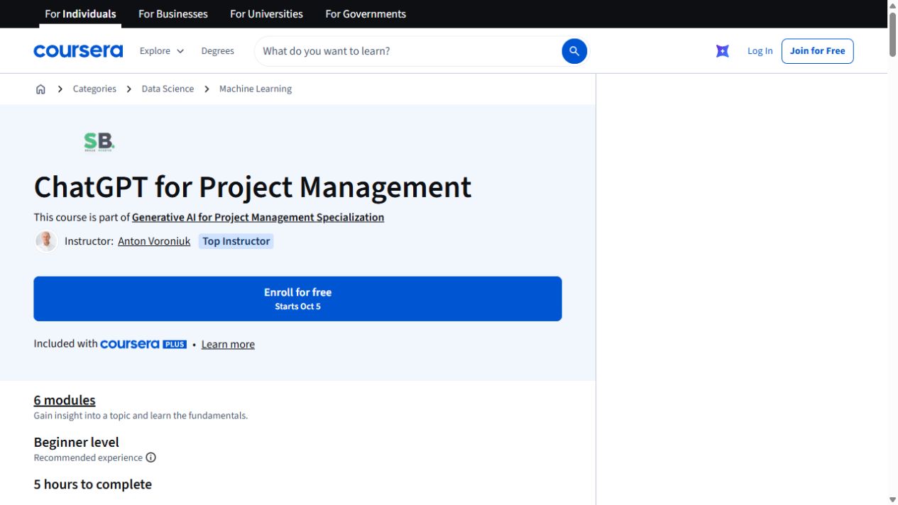 Course page preview: ChatGPT for Project Management