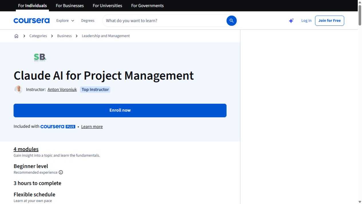 Course page preview: Claude AI for Project Management