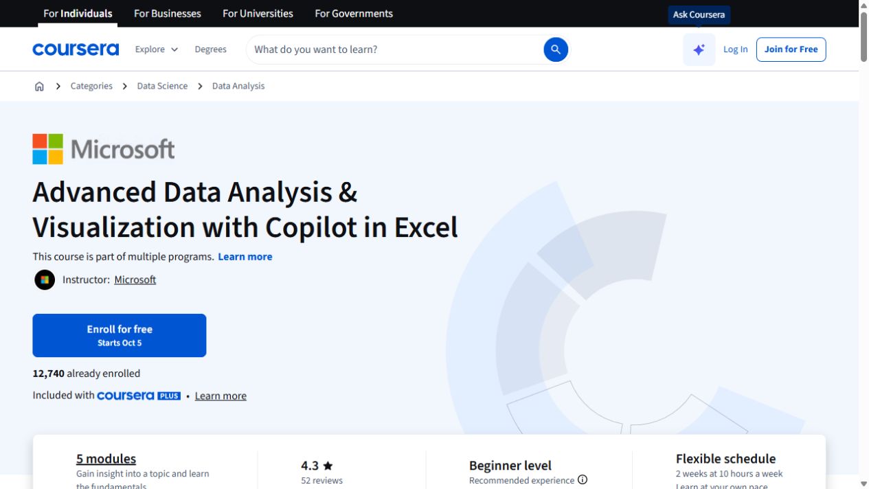 Course page preview: Advanced Data Analysis & Visualization with Copilot in Excel