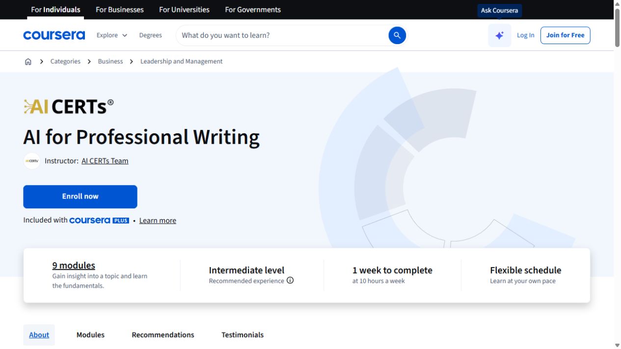 Course page preview: AI for Professional Writing