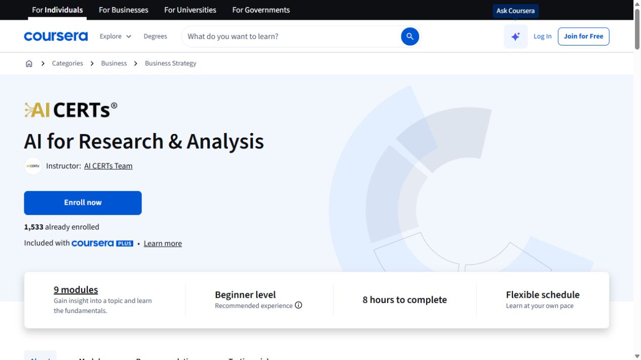 Course page preview: AI for Research & Analysis