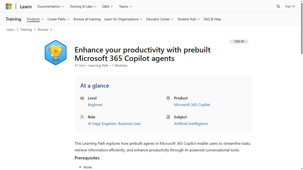 Course page preview: Enhance your productivity with prebuilt Microsoft 365 Copilot agents