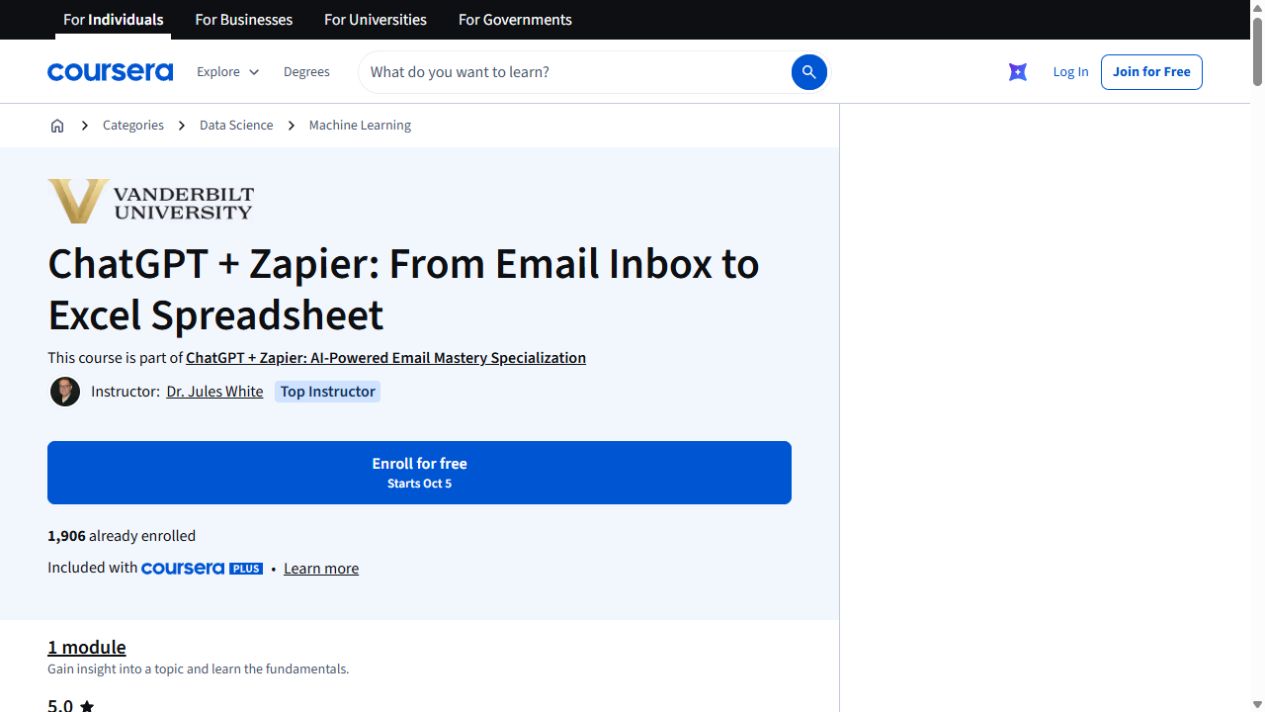 Course page preview: ChatGPT + Zapier: From Email Inbox to Excel Spreadsheet